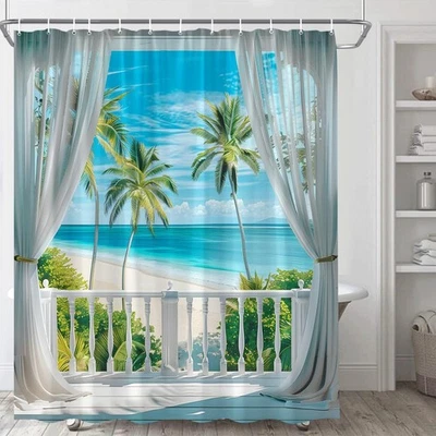 Sea View Shower Curtain Summer Blue Ocean Beach Tropical Hawaii Island Palms ... - Image 1 of 4