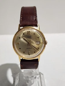 Timex Vintage Mechanical Wind Gold Tone Date  Leather Band Working  - Picture 1 of 9