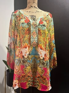 Top tunica fico e fiori XL stampa floreale paisley manica 3/4 trasparente colorato boho - Foto 1 di 10