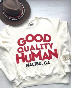 GOOD QUALITY HUMAN MALIBU Hoodie Cream Red UNISEX Size M 100% Cotton MADE IN USA - Picture 1 of 18