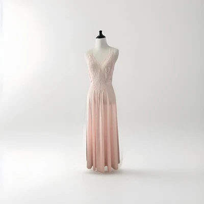 Vtg Undercover Wear Negligee Gown Stretch Bodice Lace Sweep Sexy Lingerie M Pink - Image 1 of 4