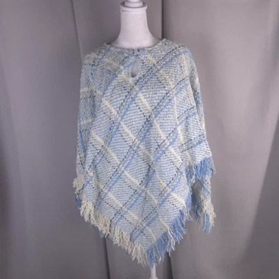 Boyne Valley Weavers Poncho Womens One Size Blue Cream Wool Blend Plaid Ireland - Image 1 of 4