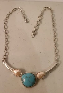 Lucky Brand Silver Tone Faux Turquoise Mother of Pearl Necklace, Vintage Retro - Picture 1 of 5