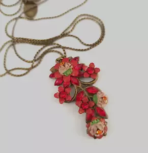 Michal Negrin Necklace Romantic Red Enamel Roses Pendant Crystals Retro Gift 25" - Picture 1 of 18