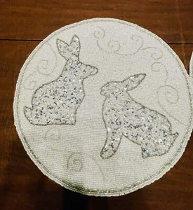 Two EASTER Beaded Placemat Charger 15" Isaac Mizrahi Rabbit Bunny White Silver - Picture 1 of 3
