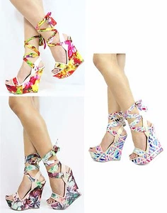 Bamboo Skyline Satin Floral Peep Toe Bloom Print Ankle Wrap Platform Wedge - Picture 1 of 4