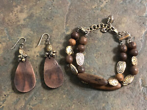 Brighton Woodwind Wood And Gold-Tones Retired Bracelet And Earrings See Photos!