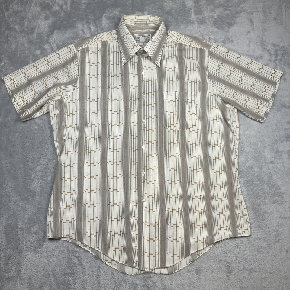 Camisa de vestir vintage Sears para hombre grande marrón tostado rayas geométricas manga corta años 70 Foto 1 de 4