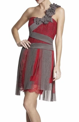 Vestido BCBG Maxazria Pasarela Rosa Carmesí Plisado Contraste Encaje Un Hombro Talla 8 Foto 1 de 4