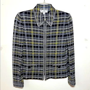 Chaqueta St John Collection Marie Gris Talla 10 Santana Tejida a Cuadros Negra Amarilla Blanca - Imagen 1 de 5
