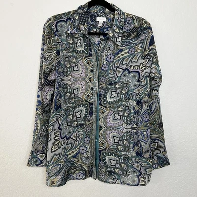 Blusa Top Chico’s Azul Transparente Cachemira Oculta Abotonada Para Mujer Talla Mediana - 1 Foto 1 de 4