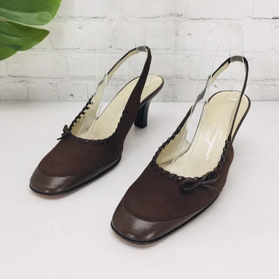 Sandalia de Tacón SALVATORE FERRAGAMO Mujer Talla 8 Cuero Marrón Punta Cerrada Italia De Colección Foto 1 de 4