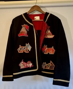 Yak Magik Black Wool Blend Open Blazer Large Silk Trim Beaded Dog Appliqué Artsy - Picture 1 of 8