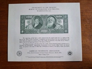 BEP souvenir card B 38 ANA 1976 back 1896 $2 Educational silver certificate - Foto 1 di 1