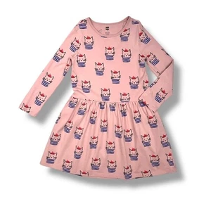 Tea Collection Girls Dress Size 10 Pink Cat Print Long Sleeve Twirl Cotton - Picture 1 of 4