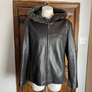 London Fog Women’s Black Leather Faux Fur Hood Jacket Size XL - Picture 1 of 10