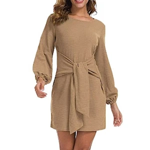 RVivimos Womens Size S 4/6 Long Lantern Sleeve Dress New Crewneck Tie Waist Knit - Picture 1 of 9