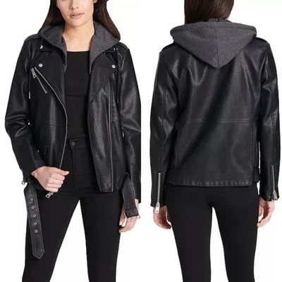 Jaqueta de Moto Levi Strauss & Co. Preta Couro Sintético Cinza com Capuz Feminina Média NOVA - Imagem 1 de 4
