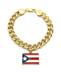PUERTO RICO FLAG PIECE w/10mm LINK FASHION HIP HOP BRACELET FXB366 - Picture 1 of 6