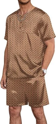 Conjunto de pijamas masculinos de seda 2 peças pjs cetim macio roupa de dormir shorts botões para baixo tops - Imagem 1 de 4