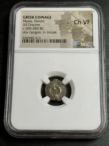 Mysia Parium 500-450 aC AR dracma cara de gorgona griega antigua NGC VF (Slab2499) - Imagen 1 de 3