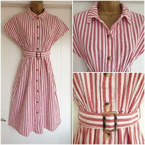 Vintage 1950s style Red White Candy Stripe Summer Holiday dress Size 14 Belted