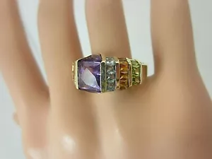 14K Oro Amarillo Amatista Topacio Azul Citrino Peridoto Anillo 6CT Tw Pirámide - Imagen 1 de 11