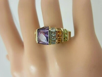14K Gelbgold Amethyst Blau Topas Citrin Peridot Ring 6 Karat Tw Pyramide - Bild 1 von 4