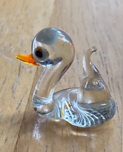 Vintage-Clear Blown Glass Duck Figurine-Hand Painted-1 inch - Picture 1 of 5