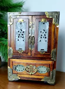 Vintage Chinese Jewelry Box Cabinet Ornate Brass Jade Inlay Stone - Picture 1 of 11