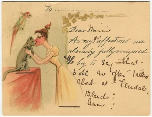 FRAU KISSING A CAT, CYNICUS - frühe Hofgröße Comic-Postkarte - Bild 1 von 2