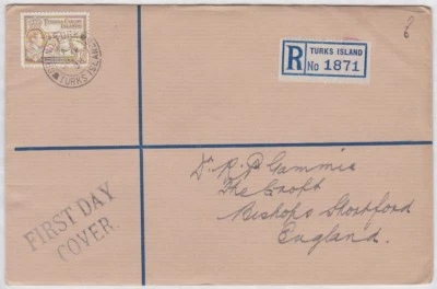 TURKS IS GVI 1938 REGISTERED FDC cover to UK - Image 1 of 2