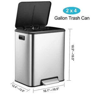 15L Dual Trash Can Stainless Kitchen Garbage Can with Lid Classified Recycle Bin - Picture 1 of 8