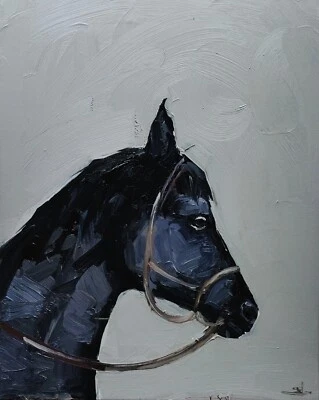 BLACK HORSE OIL PAINTING VIVEK MANDALIA IMPRESSIONISM 16X20 SIGNED COLLECTIBLE  - Image 1 of 4