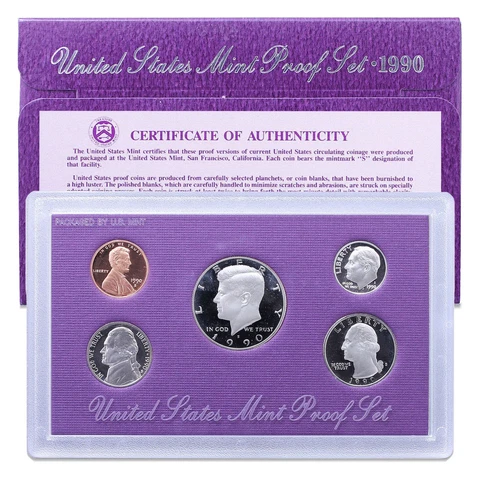 1990 S Proof Set Original Box & COA 5 Coins US Mint Cover