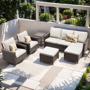 6 Piece Luxury Outdoor Patio Furniture Set, Wicker Sectional Sofa & Table - Picture 1 of 13