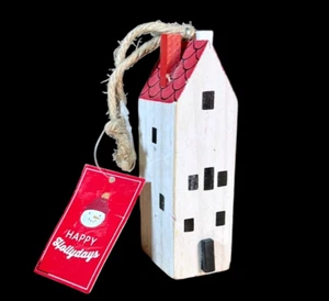 Nikolaus quadratisch weißes Haus Weihnachtsschmuck Happy Hollydays Holz NEU - Bild 1 von 4