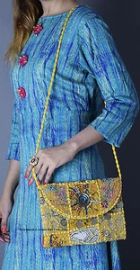 BEADED HAND BAG ANTIQUE PURSE VINTAGE CLUTCH YELLOW INDIAN ZARI EMBROIDERED BAG - Picture 1 of 4