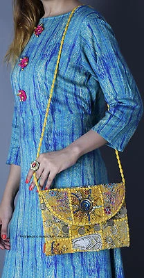 BEADED HAND BAG ANTIQUE PURSE VINTAGE CLUTCH YELLOW INDIAN ZARI EMBROIDERED BAG - Image 1 of 4