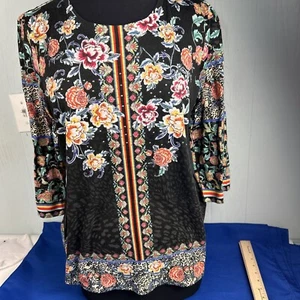 Französische blaue Gr. L schwarz mit rosa & blauem Blumenmuster 3/4 Bluse verziert - Bild 1 von 8