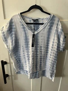 CHARLIE B Blue White Tie Dye Short Sleeve Bubble Gauze V Neck Shirt Top Blouse L - Picture 1 of 3