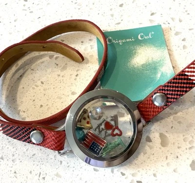 NEW Origami Owl Patriotic USA Flag Statue Liberty Pizza Leather Wrap Bracelet - Image 1 of 4