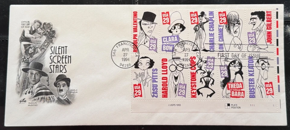 #2819-2828a  ArtCraft  SILENT SCREEN STARS Pl Block of 10 on single FDC Perfect! - Image 1 of 1