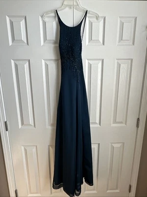 Vestido de noche Cassandra Stone talla 2 con cuentas verde azulado oscuro 41488 Foto 1 de 4