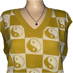 Social Scene Mustard Yellow Yin and Yang Knit Vest Women’s XL Cottagecore Artsy - Picture 1 of 10