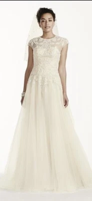 Vestido de novia Oleg Cassini manga gorra encaje y tul talla 8 Foto 1 de 4