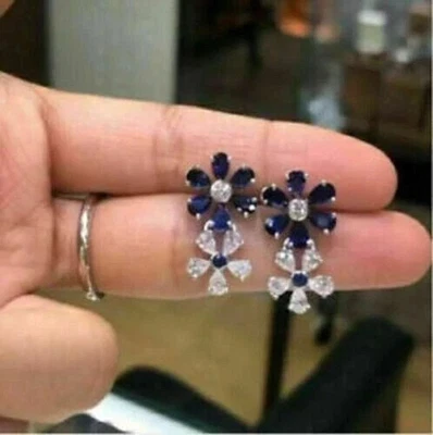2Ct Lab-Created Blue Sapphire Diamond Stud Earrings 14K White Gold Plated - Image 1 of 3