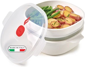 - Vaporiera Microonde Bianca 4L Con 2 Vassoi Sovrapponibili per Doppia Cottura a - Foto 1 di 12