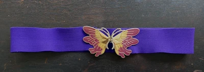 Vintage 80s STRETCH BELT PURPLE Gold Enamel Butterfly Buckle Elastic S M 70s 90s - Image 1 of 4