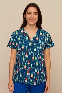 Cassandra O Women's Scrub Top Gnome Festive Christmas Holiday Size Medium Blue - Picture 1 of 7